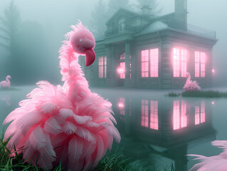 Różowy ptak fantasy, w tle dom z ogrodem - obrazy, fototapety, plakaty