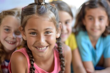 Fototapeta premium child girl school group portrait student boy education happy elementary pupil friend young kid smiling caucasian female together childhood little class classroom
