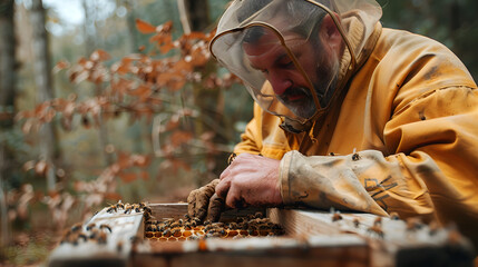A beekeeper at work. Beekeeping