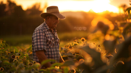 A farmer man working in the fields. Agriculture - obrazy, fototapety, plakaty