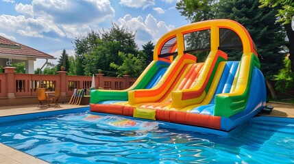 Inflatable bounce house water slide in the backyard, Colorful bouncy castle slide for children playground 