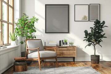 Modern Scandinavian living room with design armchair black poster frame commode wooden stool book decoration loft wall and personal accessories in stylish home