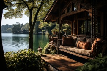 House with porch swing by lake, surrounded by trees and natural landscape