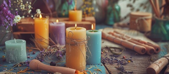 Handmade candles with crafting tools on a table