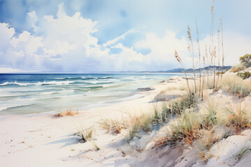 Artistic watercolor illustration of a tranquil beach with dunes and sea grass