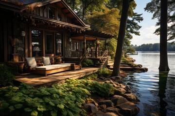 House on lake shore with trees, water, and natural landscape