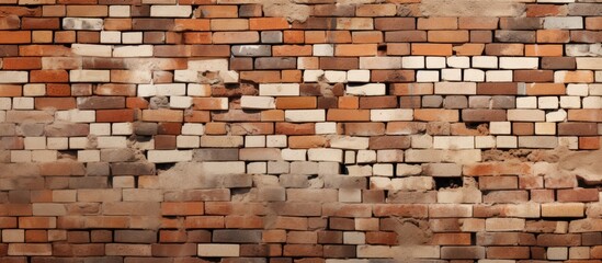 A detailed closeup of a brown brick wall showcasing the rectangular bricks used as building material, with intricate brickwork and a sturdy construction for flooring, roofs, and composite materials