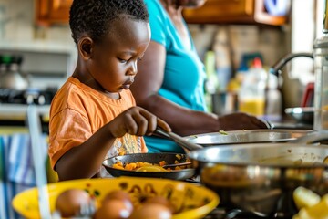 child family kitchen food boy son mother father breakfast preparing egg morning healthy diet eating home black african american father cooking, parent, cute, meal