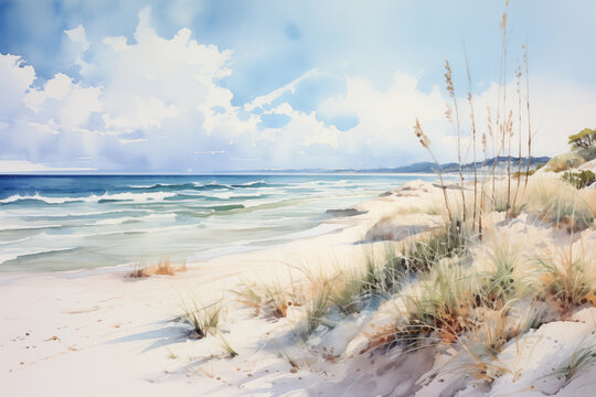 Artistic watercolor illustration of a tranquil beach with dunes and sea grass