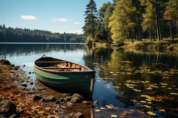 a green boat is sitting on the shore of a lake