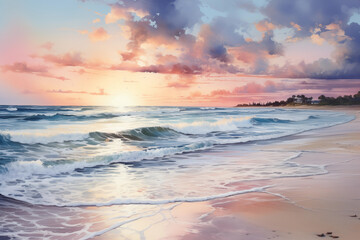 Fototapeta na wymiar Serene ocean scene as the sun sets with vibrant clouds and gentle waves