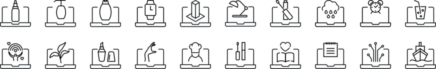 Collection of outline symbol of items on laptop. Editable stroke. Simple linear illustration for stores, shops, banners, design