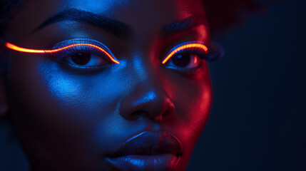 Portrait of beautiful African woman with neon eyeliner, futuristic cosmetic and fashion
