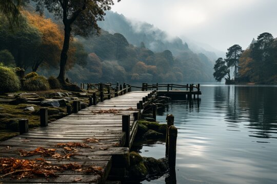 Wooden dock by a lake in a natural landscape with trees and mountains
