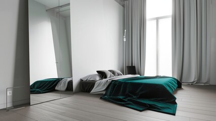 Serene Minimalist Bedroom with Teal Accents and Reflective Floor Mirror AI Generated.