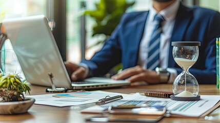 work deadline. hourglass on table in front of business man using laptop at home, concept of time management