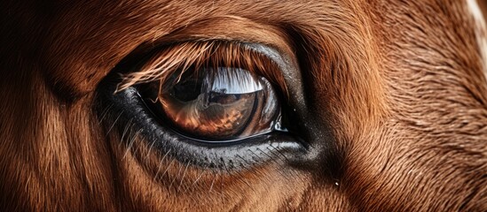 A closeup of a brown horses eye reveals its long eyelashes, wrinkled iris, and distinctive snout....