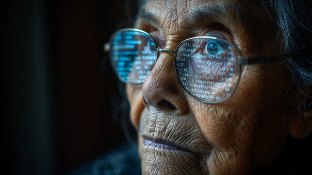 Old elderly woman with glasses and digital reflection of binary code on a dark background with copy space