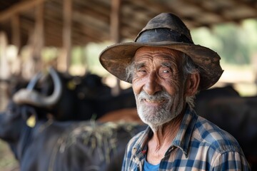 Portrait of senior farmer smiling in buffalo farm