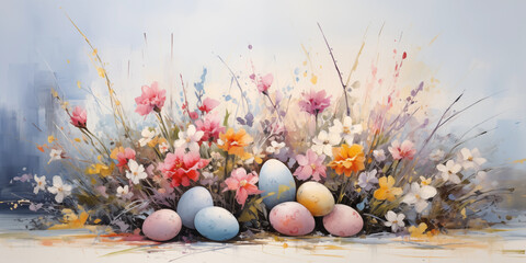Artistic depiction of vibrant wildflowers and pastel easter eggs