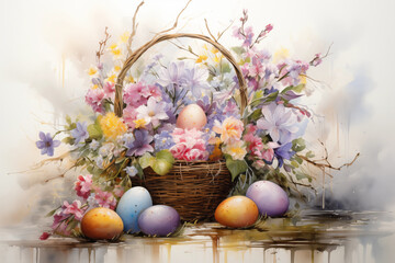 Obraz premium Colorful easter basket with painted eggs and spring flowers