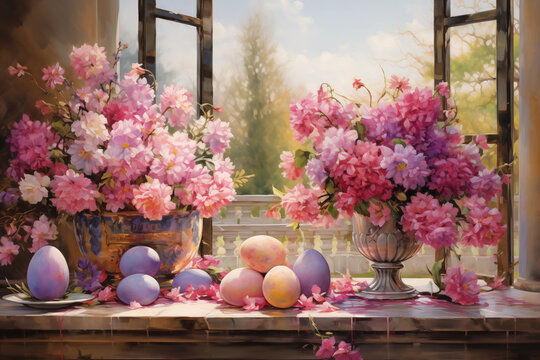 Elegant springtime floral arrangement with easter eggs