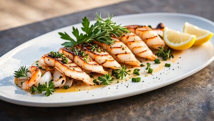 Grilled squids with lemon and herbs on a white plate.