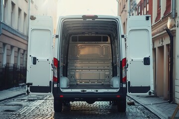 Rear doors of a white van open empty truck visible