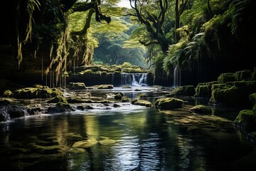 Fluvial landform of a stream in a green forest with a waterfall - obrazy, fototapety, plakaty