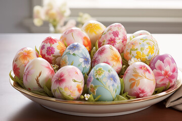 Fototapeta na wymiar Hand-painted floral easter eggs on tabletop
