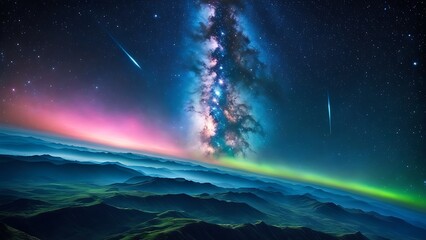A vibrant nightscape with the Milky Way, shooting stars, and aurora over mountains