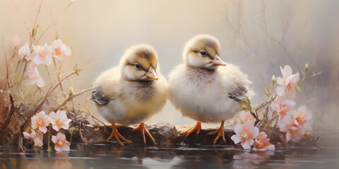 Adorable ducklings on the water's edge