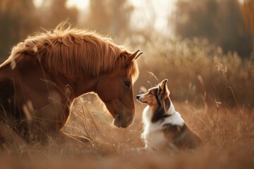 Red border collie dog and horse stock