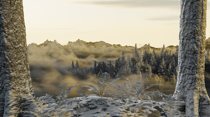 Mountain covered by advection fog in the morning light. 3D Rendering