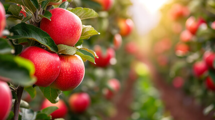 Obraz premium A row of red apples hanging from a tree