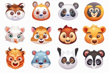 Fototapeta premium Set of animal faces, face emojis, stickers, emoticons stock illustration
