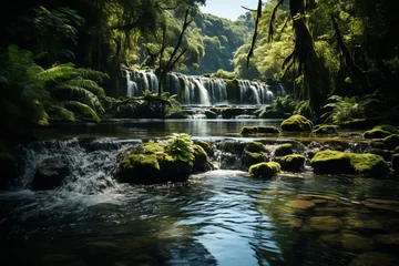 Fotobehang Scenic river in lush forest with waterfall backdrop © Yuchen Dong