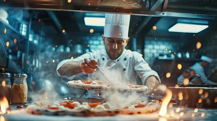 Make a pizza. male chef preparing pizza in professional modern kitchen background, close up, local food, traditional Italian pizza, handmade whole foods. Banner pizza
