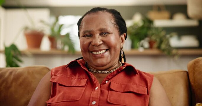 Face, happy and black woman in home living room to relax on couch in apartment alone in Kenya. Portrait, lounge and smile of African female person, positive and cheerful mature lady in causal clothes