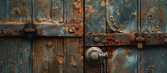 A detailed close up of a weathered wooden door with a rusty metal handle, showcasing intricate wood...