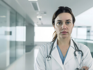 A female doctor in a modern clinic, looking at the camera