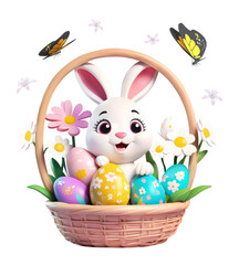3d rendering bunny in basket with Easter eggs and butterflies Isolated On Transparent Background, PNG File Add	
