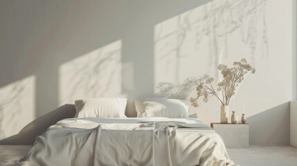 Tranquil Monochromatic Bedroom Interior with White Bed AI Generated
