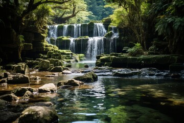Waterfall in river surrounded by trees and rocks, a natural fluvial landscape - obrazy, fototapety, plakaty