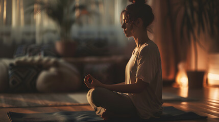 A young woman sitting in a lotus pose on a yoga mat, meditating, with details of the woman's peaceful expression, the serene setting, and the soft lighting. - obrazy, fototapety, plakaty