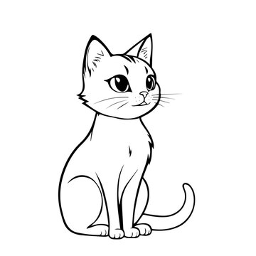 Beautiful hand-drawn vector illustration of funny cat sitting on a white background for coloring book for children