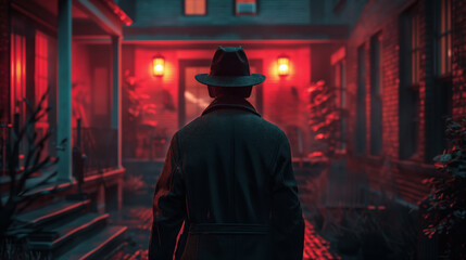 Obraz premium A detective in a black coat and hat stands in front of a red building