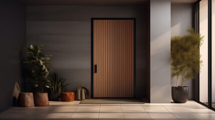 interior design of modern home entryway with door, 3D illustration	
