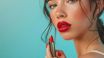 Portrait of a beautiful young woman applying red lip colors to her cute pout lips with a luxury red...
