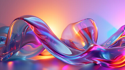 Neon glass gradient fluid shapes transparent liquid holographic gradient shapes background.
